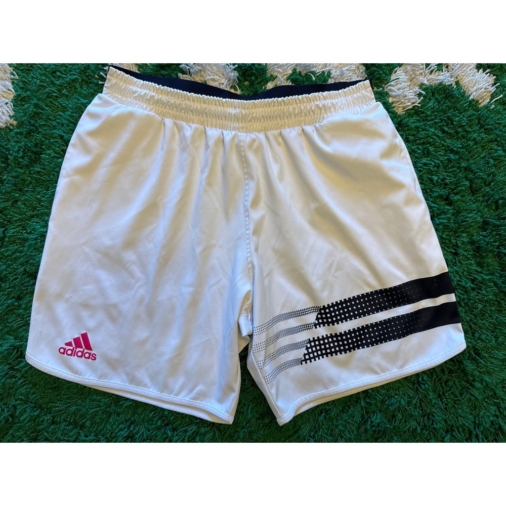 Adidas Soccer Shorts Mens M White Good Pink Logo Black Graphic Stripe Athletic